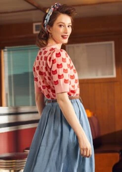 Retro Radiance Puff Shoulder Sweater -ModCloth 208007 PINKGROUNDWITHREDCAT 3