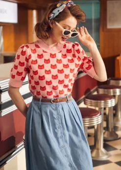 Retro Radiance Puff Shoulder Sweater -ModCloth 208007 PINKGROUNDWITHREDCAT 5