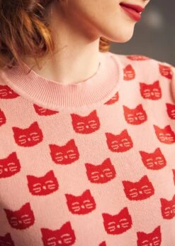 Retro Radiance Puff Shoulder Sweater -ModCloth 208007 PINKGROUNDWITHREDCAT 7