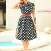 ModCloth Black and White Polka Dot Cap Sleeve Belted Dress with Red Contrast