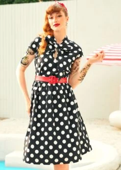 ModCloth Black and White Polka Dot Cap Sleeve Belted Dress with Red Contrast -ModCloth 208078 BLKWHTPOLKADOT 4