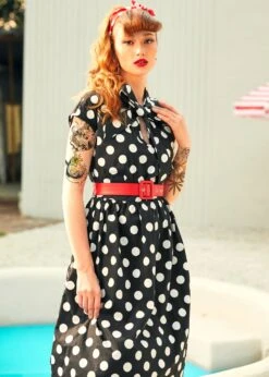ModCloth Black and White Polka Dot Cap Sleeve Belted Dress with Red Contrast -ModCloth 208078 BLKWHTPOLKADOT 6