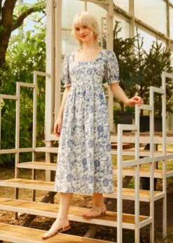 Enchanted Meadow Blue and White Toile Midi Dress – Vintage Square Neck Puff Sleeve Cotton Dress -ModCloth 208081 BLTL HP 1