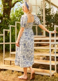 Enchanted Meadow Blue and White Toile Midi Dress – Vintage Square Neck Puff Sleeve Cotton Dress -ModCloth 208081 BLTL HP 3