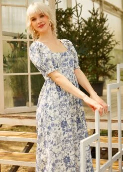 Enchanted Meadow Blue and White Toile Midi Dress – Vintage Square Neck Puff Sleeve Cotton Dress -ModCloth 208081 BLTL HP 6