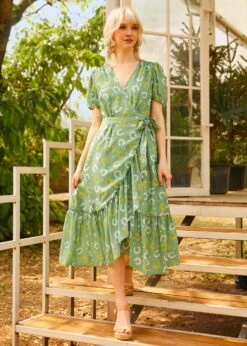 ModCloth Luck Be A Lady Horseshoe Print Wrap Dress – Vintage Puff Sleeve Asymmetrical Midi -ModCloth 208123 GHS 4