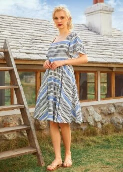 ModCloth Sky-Blue Striped Square Neck Cape Sleeve – Vintage Fit & Flare Midi Dress -ModCloth 208131 BLUST 1
