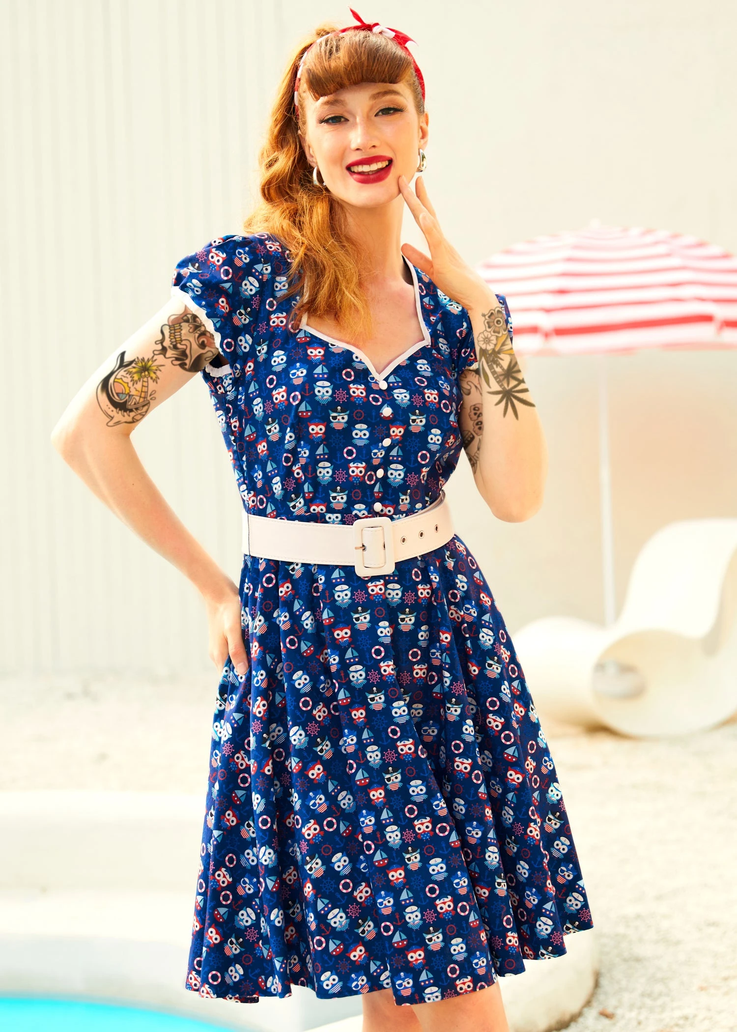 ModCloth Drive In Delight Navy Blue Owl Print Fit & Flare Dress 4 ModCloth Drive In Delight Navy Blue Owl Print Fit & Flare Dress - Image 2