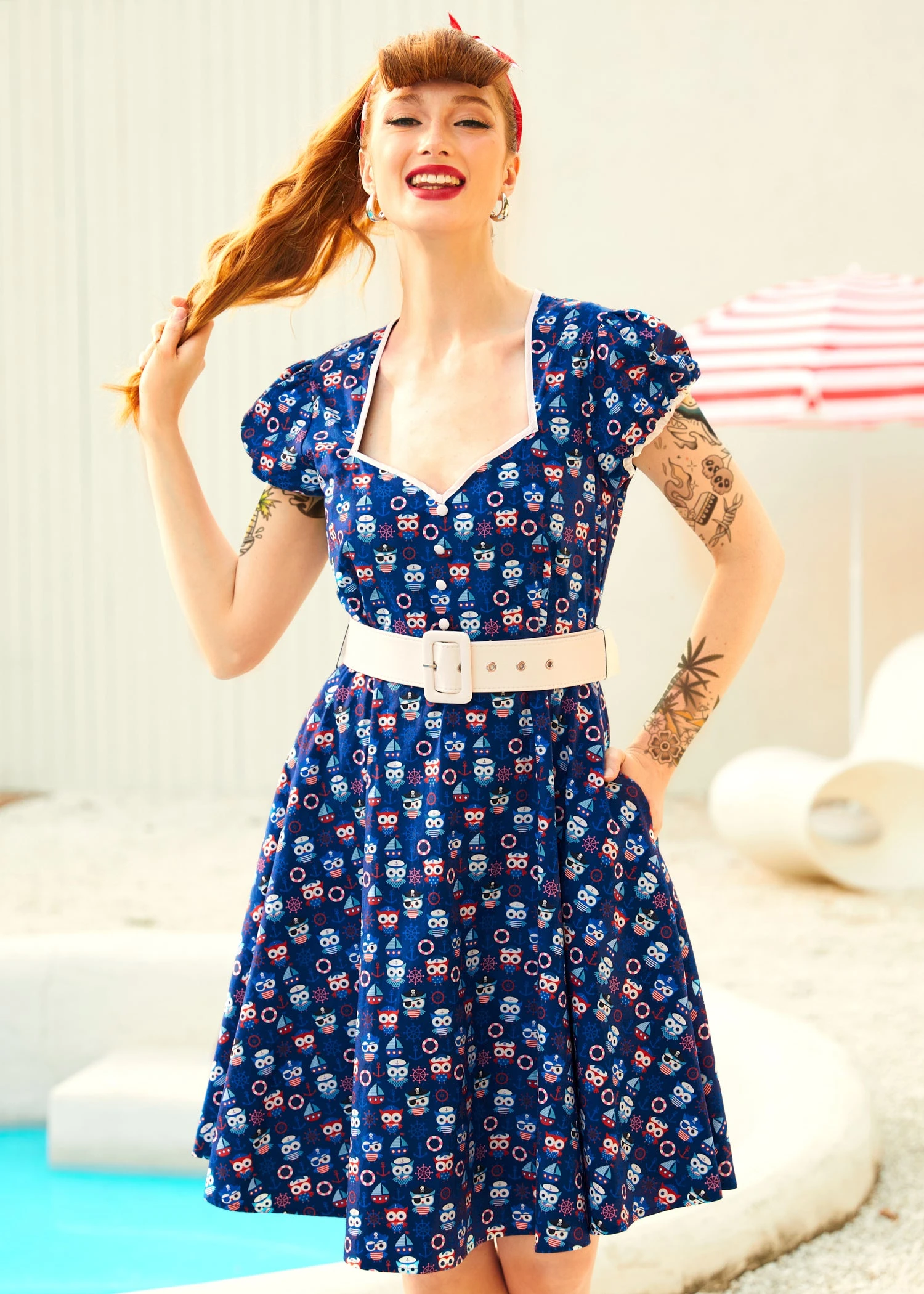ModCloth Drive In Delight Navy Blue Owl Print Fit & Flare Dress 3 ModCloth Drive In Delight Navy Blue Owl Print Fit & Flare Dress