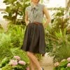 ModCloth Namesake Label Gingham Garden Stroll Bow Blouse – Vintage Neck-Tie Cap Sleeve Top -ModCloth 208162 BLKPD 1