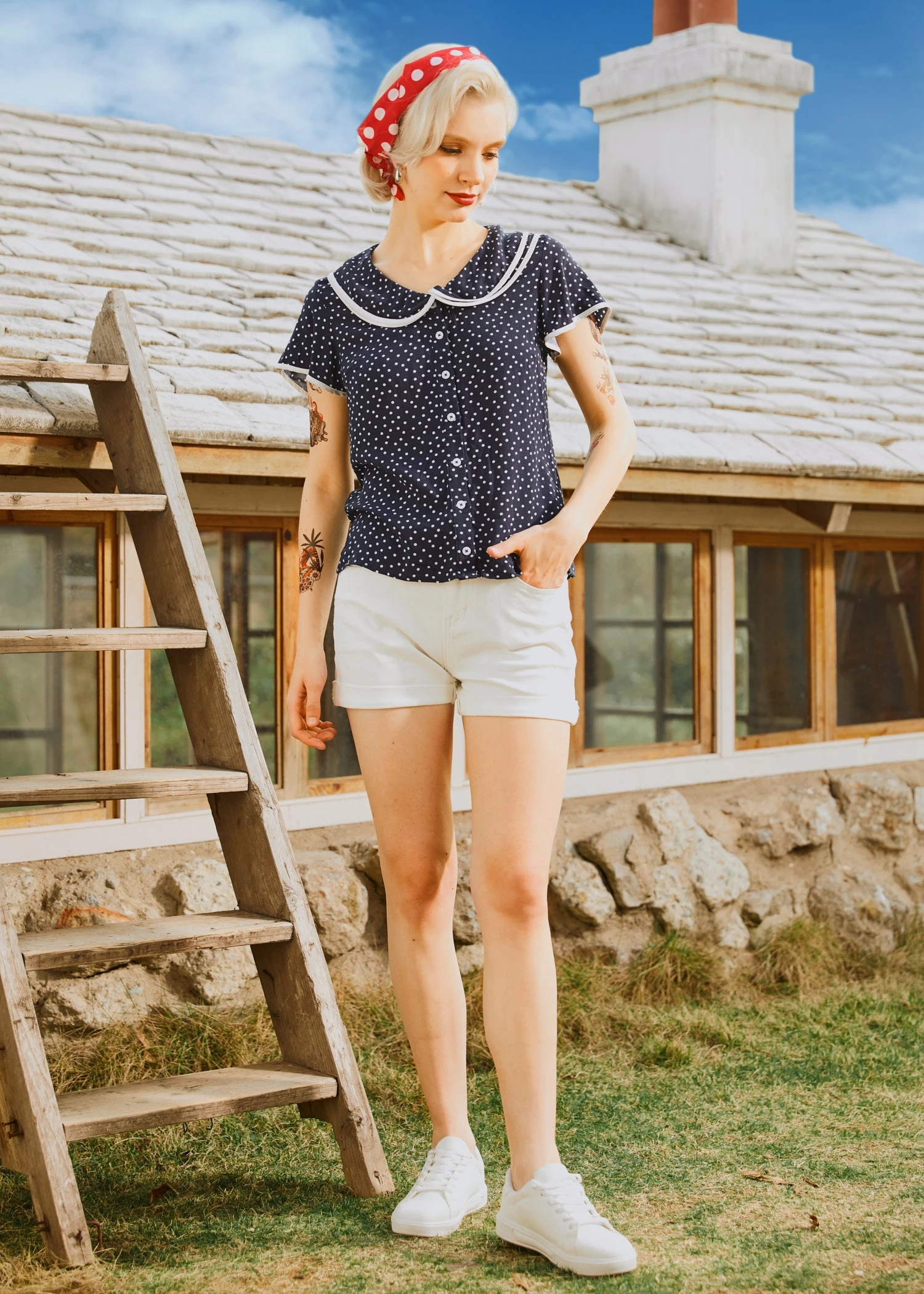 ModCloth Polka Dot Daydream Navy & White - Layered Peter Pan Collar Retro Blouse 5 ModCloth Polka Dot Daydream Navy & White - Layered Peter Pan Collar Retro Blouse - Image 3