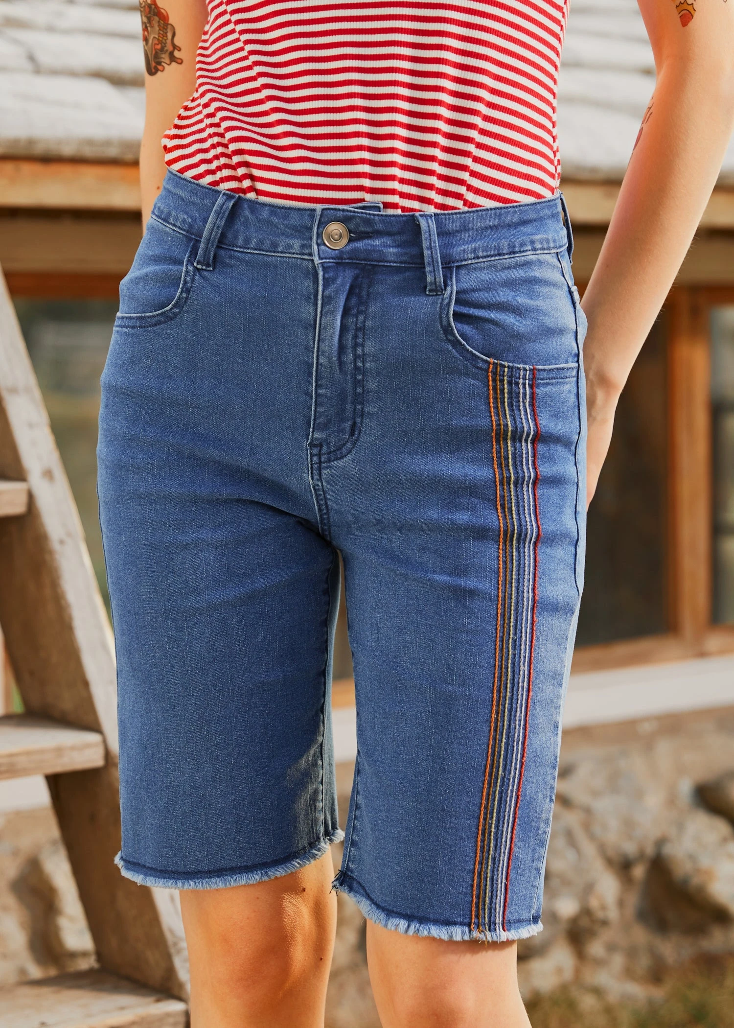 ModCloth Just Bloomed Faded Sky Bermuda Shorts - Rainbow Stitch Denim Bottoms 6 ModCloth Just Bloomed Faded Sky Bermuda Shorts - Rainbow Stitch Denim Bottoms - Image 4