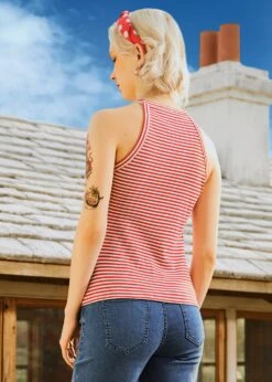 Boardwalk Breeze Red and White Striped Halter Tank Top – Retro Summer Fitted Top 9 Boardwalk Breeze Red and White Striped Halter Tank Top – Retro Summer Fitted Top -ModCloth 208300 RWS 3