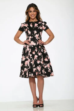 Orchid Bloom Black & Pink Floral Swing Dress – Vintage-Inspired Midi with Pockets -ModCloth 21160 Black Pink Floral Dress 2