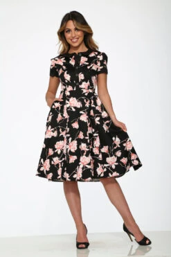 Orchid Bloom Black & Pink Floral Swing Dress – Vintage-Inspired Midi with Pockets -ModCloth 21160 Black Pink Floral Dress 8
