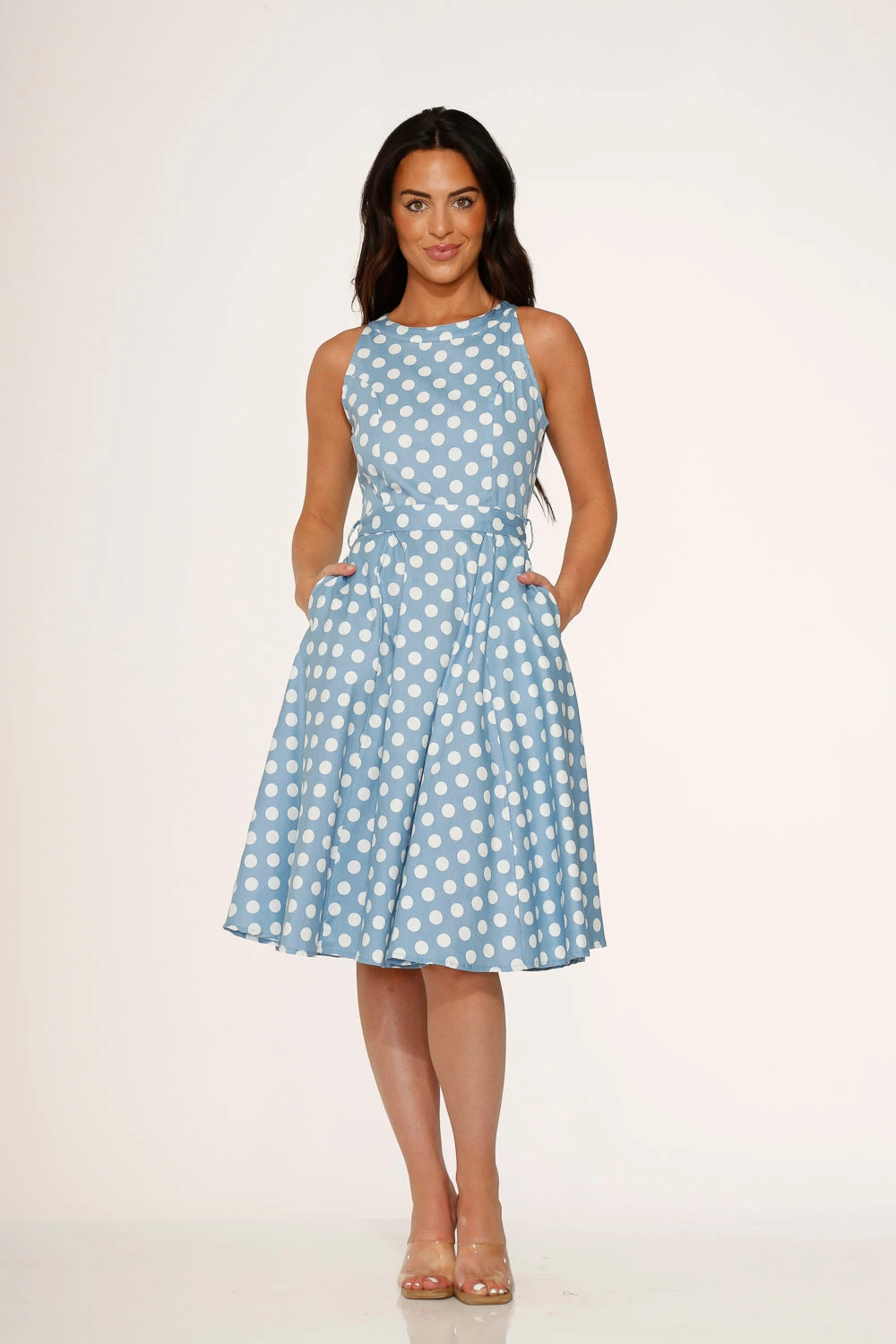 Orchid Bloom Light Blue with White Polka Dots – Vintage Retro Pockets Swing Midi Dress 3 Orchid Bloom Light Blue with White Polka Dots – Vintage Retro Pockets Swing Midi Dress