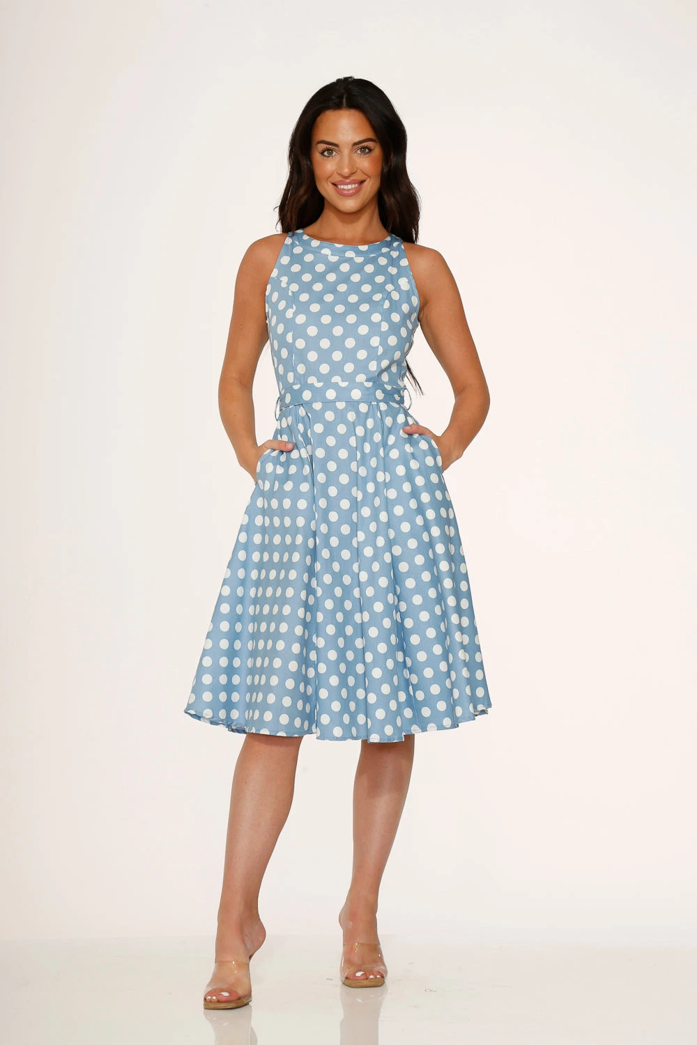 Orchid Bloom Light Blue with White Polka Dots – Vintage Retro Pockets Swing Midi Dress 4 Orchid Bloom Light Blue with White Polka Dots – Vintage Retro Pockets Swing Midi Dress - Image 2