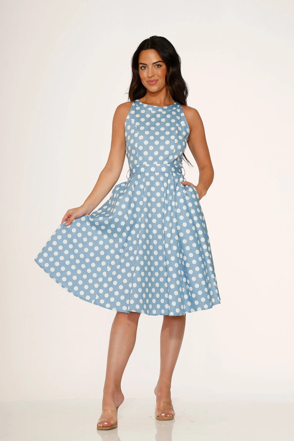 Orchid Bloom Light Blue with White Polka Dots – Vintage Retro Pockets Swing Midi Dress 5 Orchid Bloom Light Blue with White Polka Dots – Vintage Retro Pockets Swing Midi Dress - Image 3