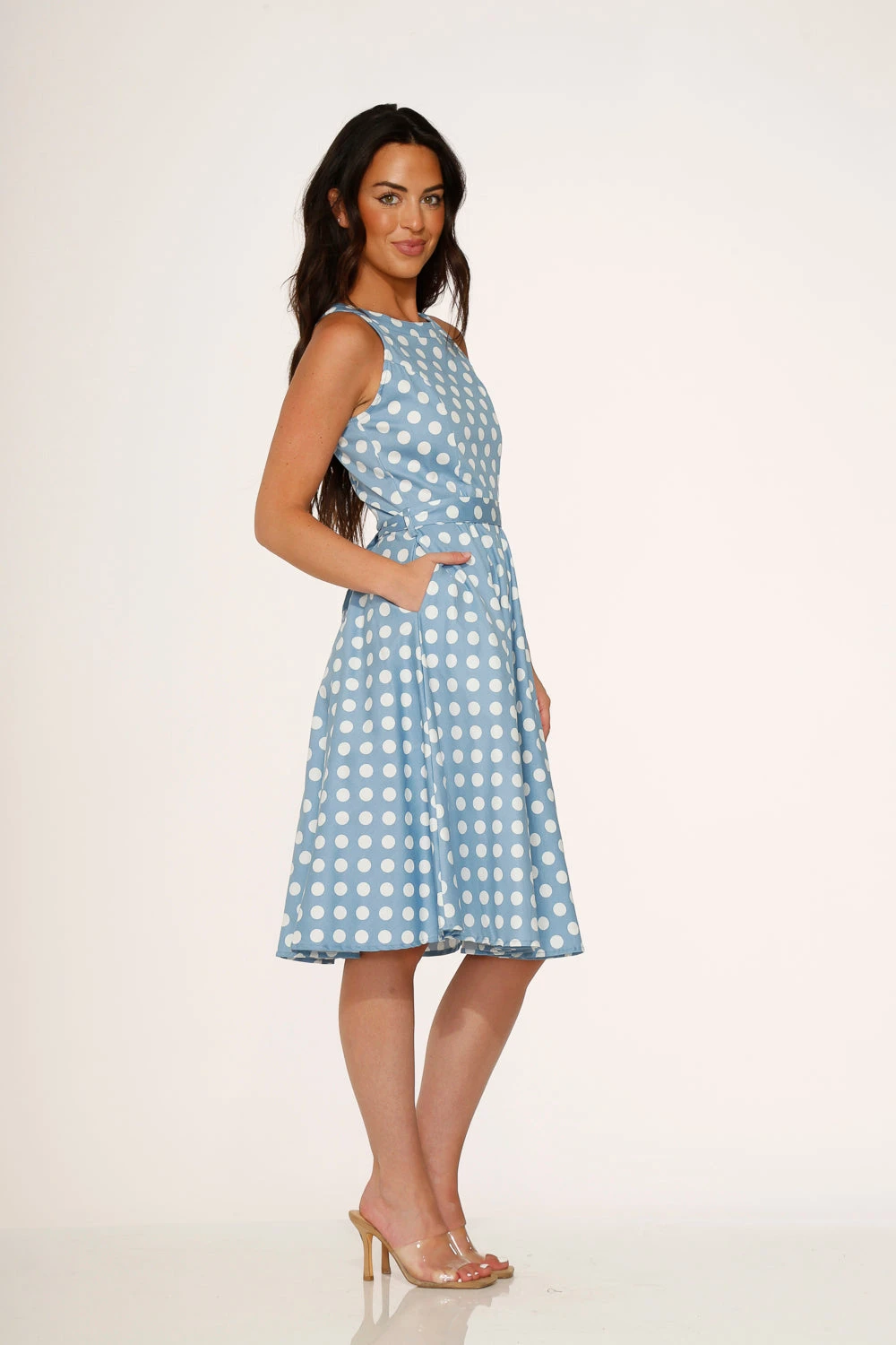 Orchid Bloom Light Blue with White Polka Dots – Vintage Retro Pockets Swing Midi Dress 6 Orchid Bloom Light Blue with White Polka Dots – Vintage Retro Pockets Swing Midi Dress - Image 4