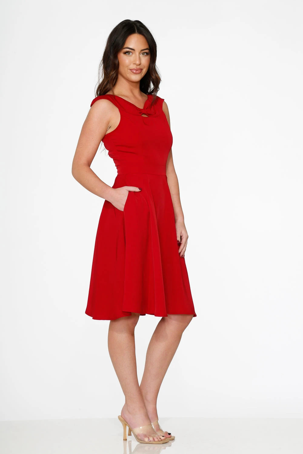 Orchid Bloom Red Midi Swing Dress – Elegant Sleeveless Fit & Flare with Pockets 7 Orchid Bloom Red Midi Swing Dress – Elegant Sleeveless Fit & Flare with Pockets - Image 5