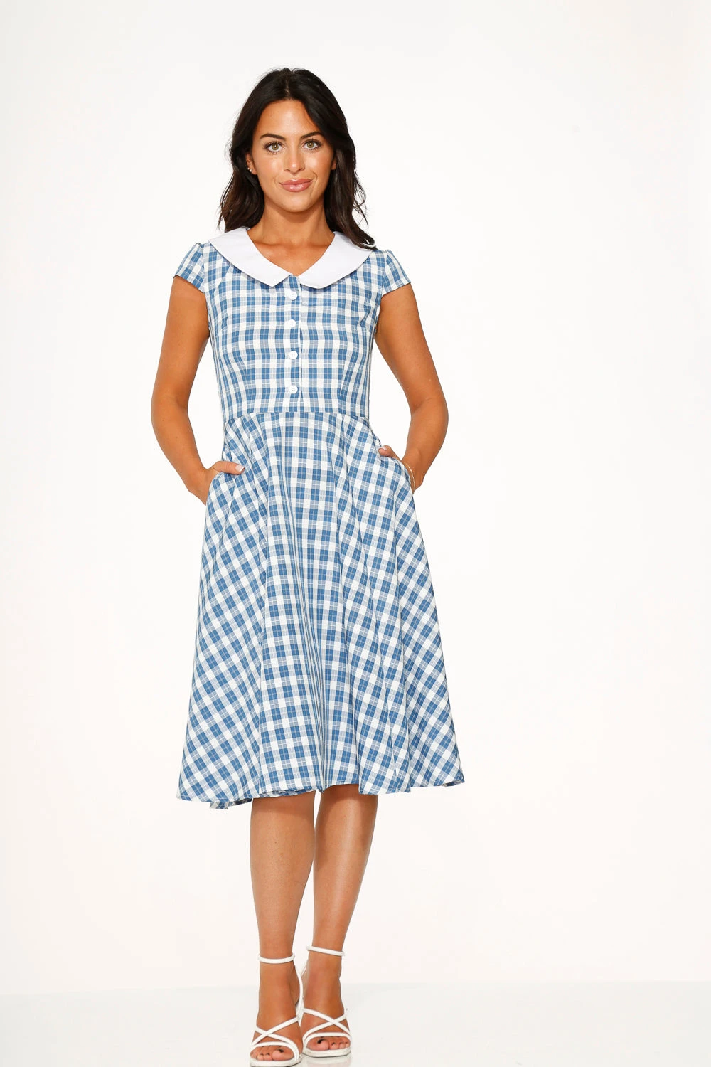 Orchid Bloom Blue Checker Gingham Swing Midi Dress – Vintage A-Line Silhouette with Pockets 4 Orchid Bloom Blue Checker Gingham Swing Midi Dress – Vintage A-Line Silhouette with Pockets - Image 2
