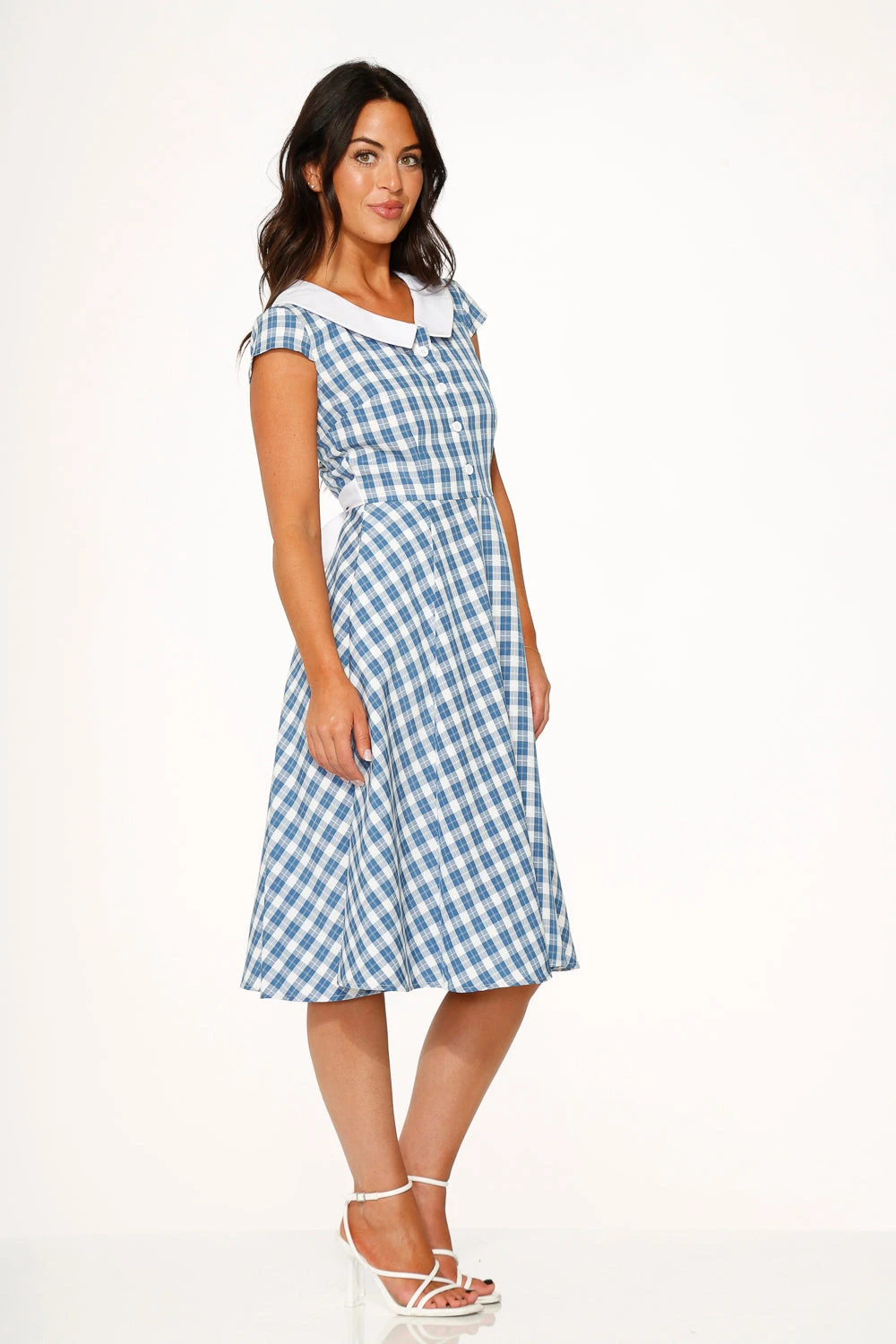 Orchid Bloom Blue Checker Gingham Swing Midi Dress – Vintage A-Line Silhouette with Pockets 7 Orchid Bloom Blue Checker Gingham Swing Midi Dress – Vintage A-Line Silhouette with Pockets - Image 5