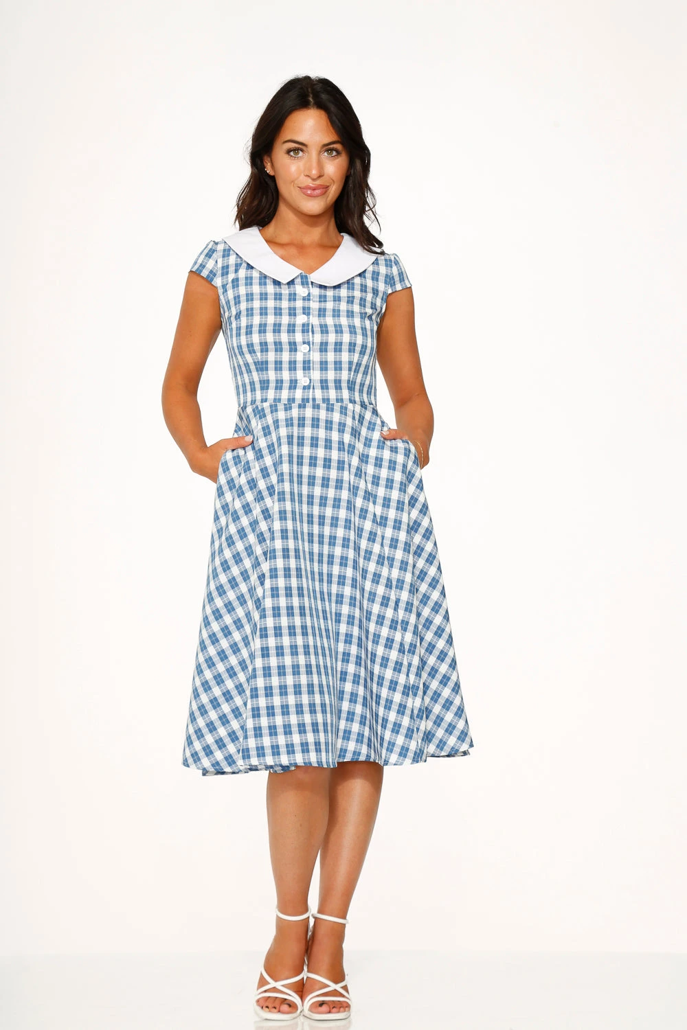 Orchid Bloom Blue Checker Gingham Swing Midi Dress – Vintage A-Line Silhouette with Pockets 5 Orchid Bloom Blue Checker Gingham Swing Midi Dress – Vintage A-Line Silhouette with Pockets - Image 3