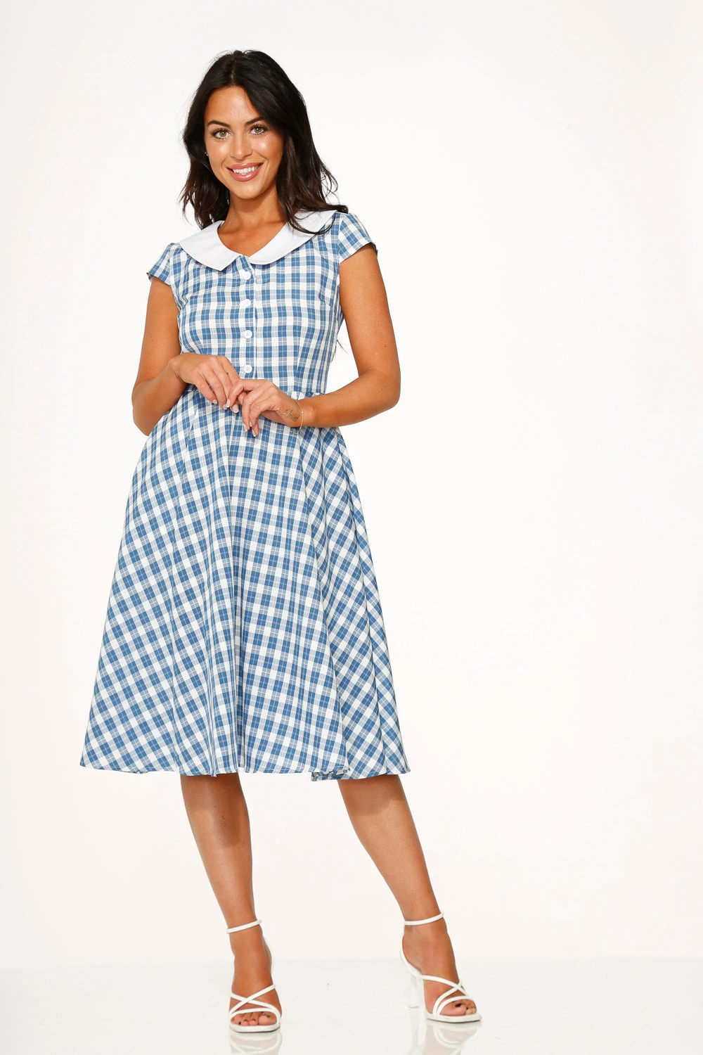 Orchid Bloom Blue Checker Gingham Swing Midi Dress – Vintage A-Line Silhouette with Pockets 3 Orchid Bloom Blue Checker Gingham Swing Midi Dress – Vintage A-Line Silhouette with Pockets
