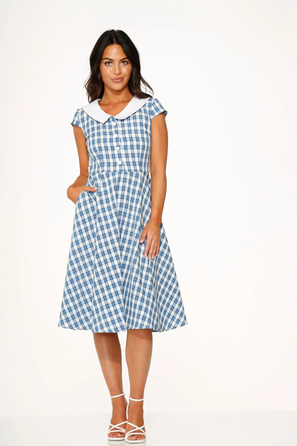 Orchid Bloom Blue Checker Gingham Swing Midi Dress – Vintage A-Line Silhouette with Pockets 6 Orchid Bloom Blue Checker Gingham Swing Midi Dress – Vintage A-Line Silhouette with Pockets - Image 4