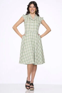 Orchid Bloom Green Plaid Vintage Swing Dress - Midi Length with Pockets