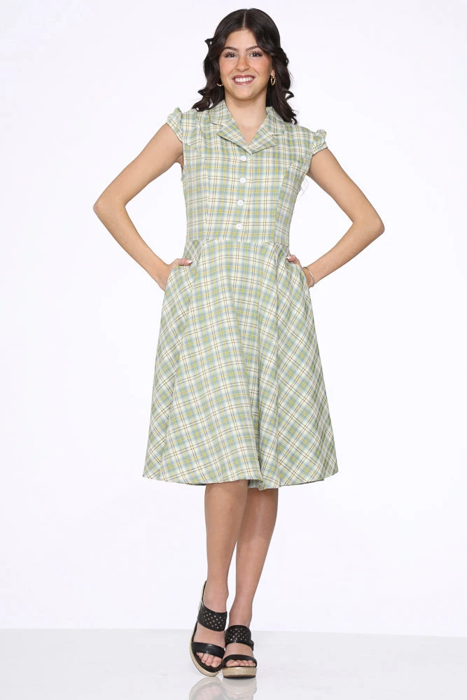 Orchid Bloom Green Plaid Vintage Swing Dress - Midi Length with Pockets 3 Orchid Bloom Green Plaid Vintage Swing Dress - Midi Length with Pockets