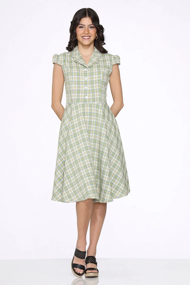 Orchid Bloom Green Plaid Vintage Swing Dress - Midi Length with Pockets 4 Orchid Bloom Green Plaid Vintage Swing Dress - Midi Length with Pockets - Image 2