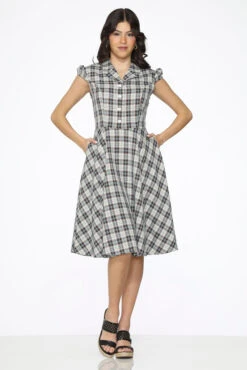 Black Plaid Swing Dress with Pockets – Vintage-Inspired A-Line Midi Dress -ModCloth 23265 Brown White Plaid Swing Dress 6
