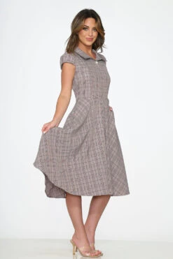 Orchid Bloom Brown Plaid Vintage Swing Midi Dress with Pockets -ModCloth 23340 Brown Plaid Swing Dress 8