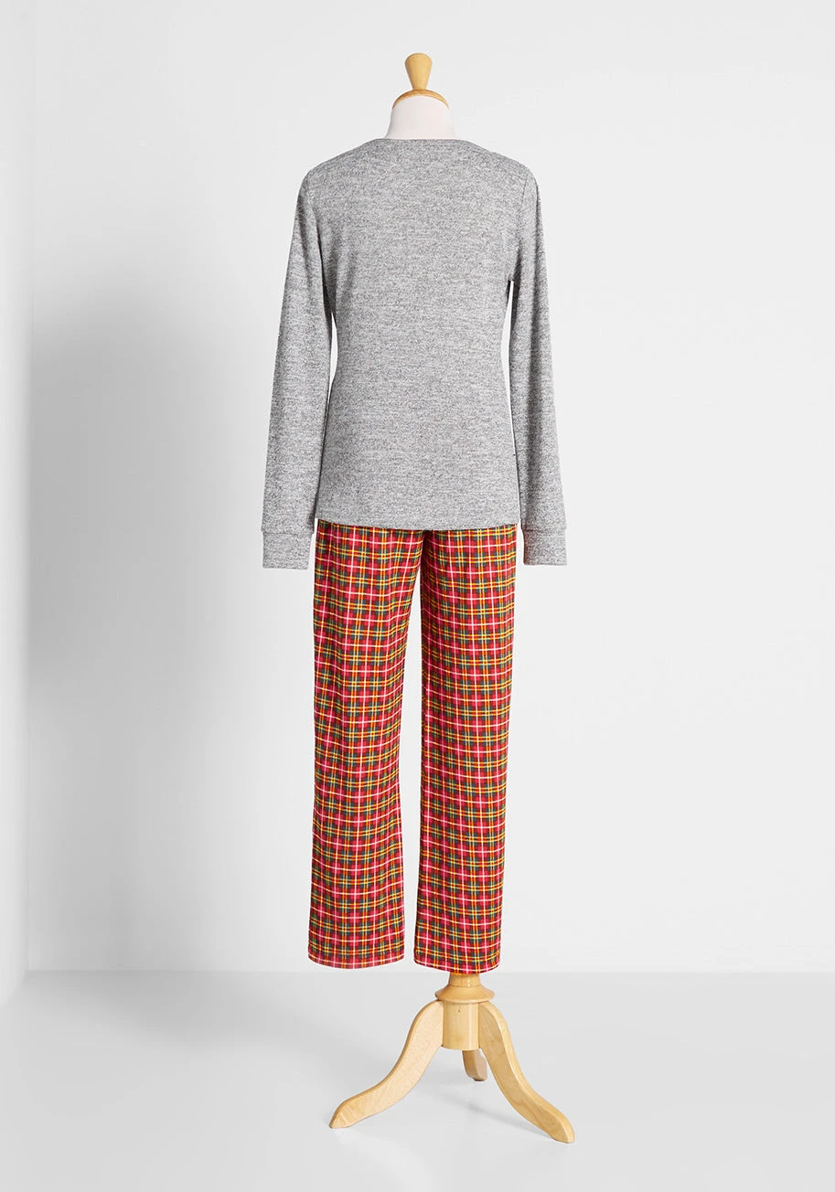 Home For The Holidays Grey Long Sleeve Tee & Red/Green Plaid Pajama Set 4 Home For The Holidays Grey Long Sleeve Tee & Red/Green Plaid Pajama Set - Image 2