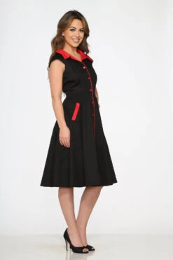 Orchid Bloom Black with Red Trim Vintage Flare – Midi Swing Dress with Pockets -ModCloth 3310 Black Red Trim Dress 10