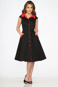 Orchid Bloom Black with Red Trim Vintage Flare – Midi Swing Dress with Pockets -ModCloth 3310 Black Red Trim Dress 2