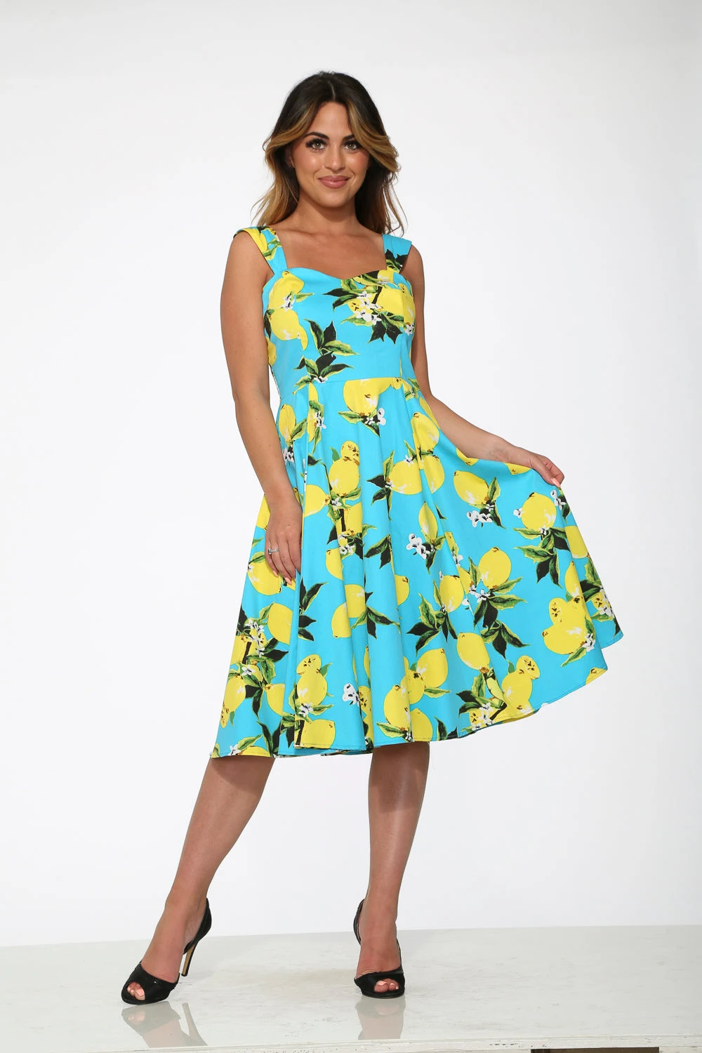 Orchid Bloom Aqua Blue Lemon Print Swing Dress – Retro Vintage Midi Style 4 Orchid Bloom Aqua Blue Lemon Print Swing Dress – Retro Vintage Midi Style - Image 2