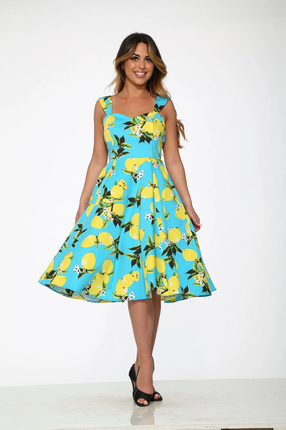 Orchid Bloom Aqua Blue Lemon Print Swing Dress – Retro Vintage Midi Style 3 Orchid Bloom Aqua Blue Lemon Print Swing Dress – Retro Vintage Midi Style
