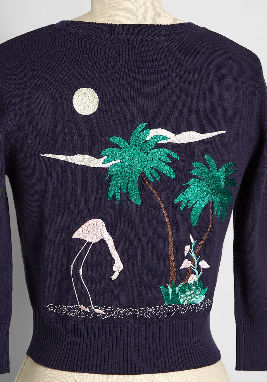 Collectif Navy Blue Tropical Flamingo Embroidered Cardigan – Vintage Inspired 3/4 Sleeve Knit 5 Collectif Navy Blue Tropical Flamingo Embroidered Cardigan – Vintage Inspired 3/4 Sleeve Knit - Image 3