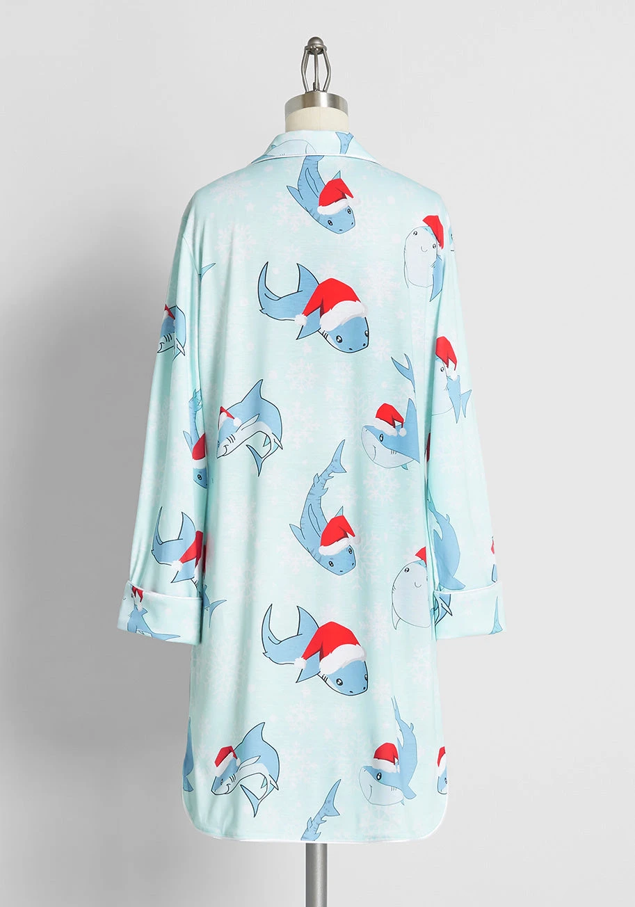 ModCloth Pale Blue Shark Santa Print Sleep Shirt – Festive Notched Lapel Pajama Top 4 ModCloth Pale Blue Shark Santa Print Sleep Shirt – Festive Notched Lapel Pajama Top - Image 2