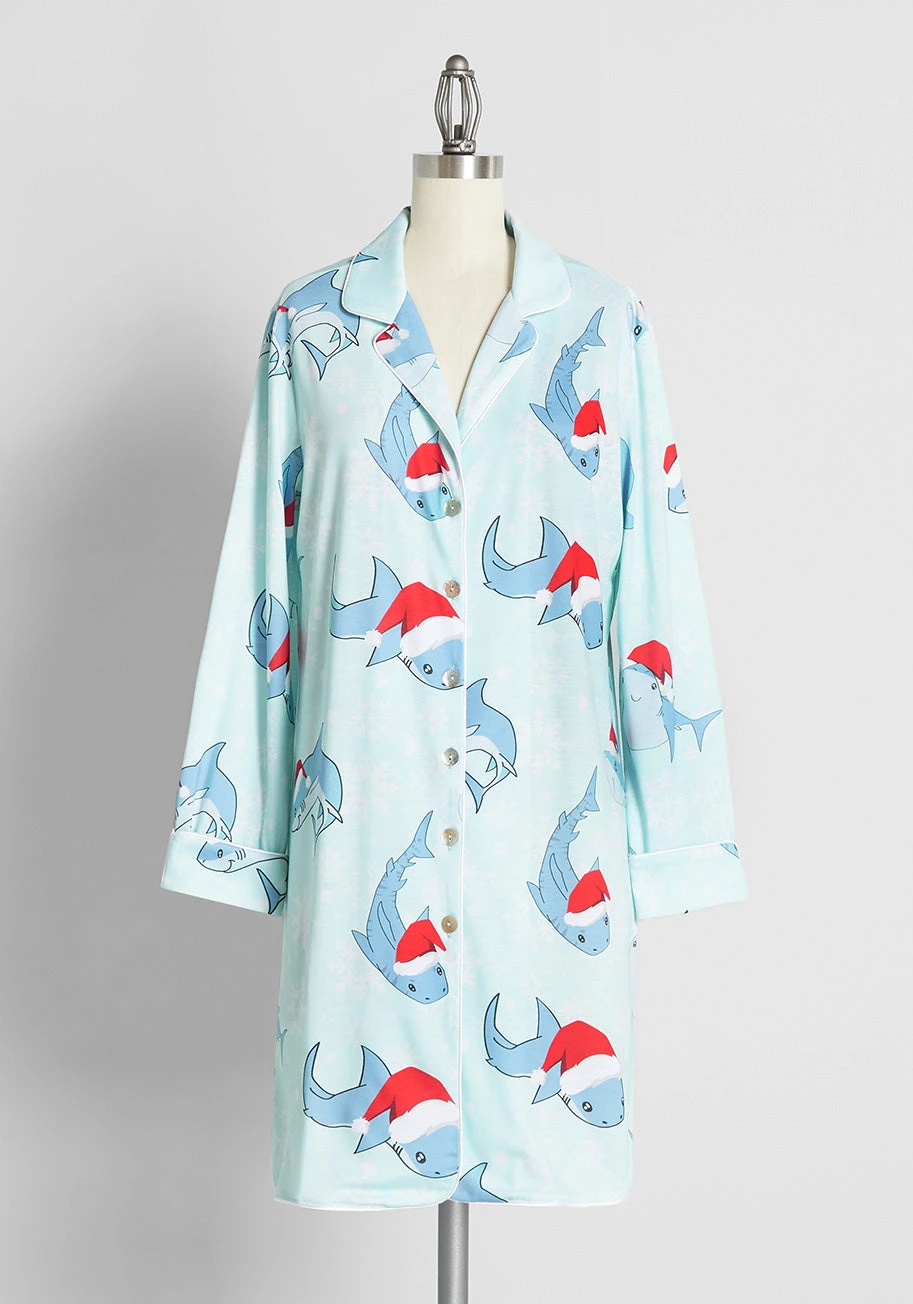 ModCloth Pale Blue Shark Santa Print Sleep Shirt – Festive Notched Lapel Pajama Top 3 ModCloth Pale Blue Shark Santa Print Sleep Shirt – Festive Notched Lapel Pajama Top