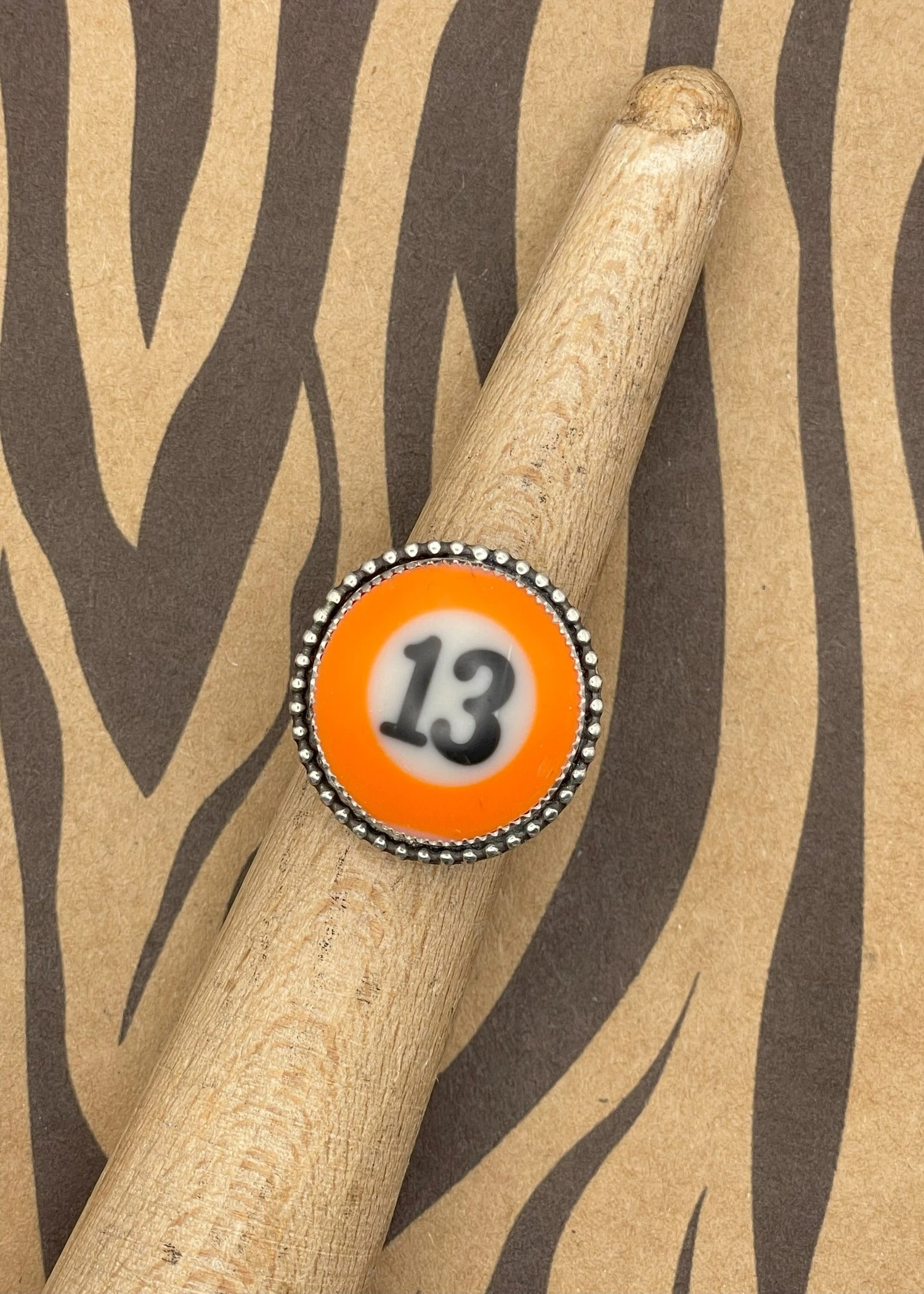 Billiard Ball #13 Orange Stripe Sterling Silver Ring – Handmade Adjustable Statement Jewelry 3 Billiard Ball #13 Orange Stripe Sterling Silver Ring – Handmade Adjustable Statement Jewelry