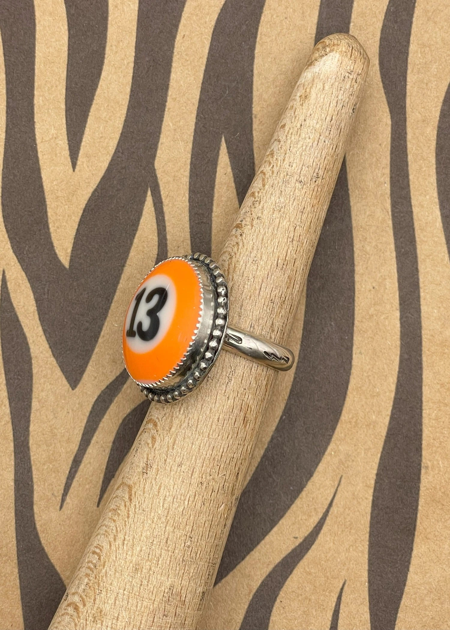 Billiard Ball #13 Orange Stripe Sterling Silver Ring – Handmade Adjustable Statement Jewelry 5 Billiard Ball #13 Orange Stripe Sterling Silver Ring – Handmade Adjustable Statement Jewelry - Image 3