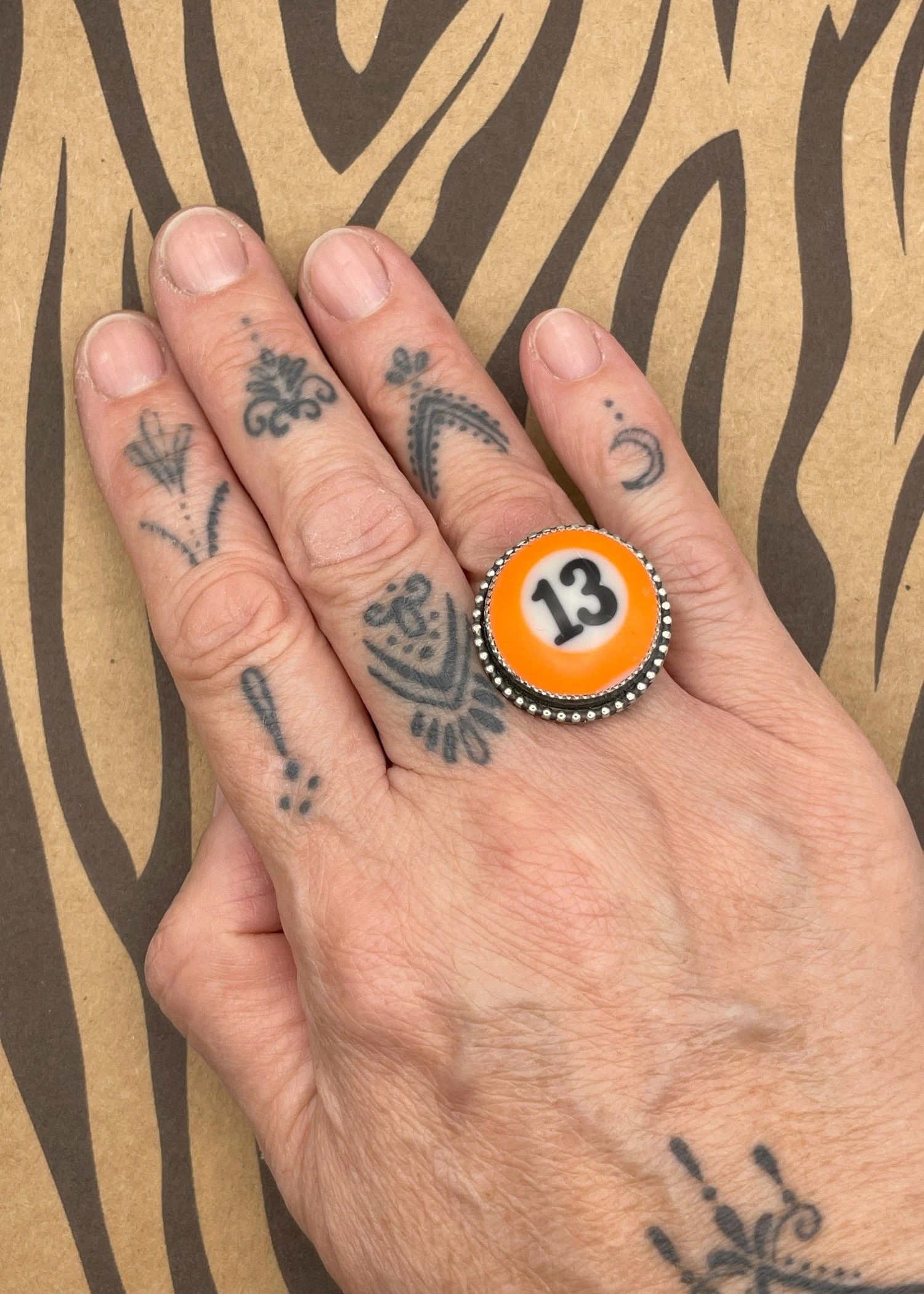 Billiard Ball #13 Orange Stripe Sterling Silver Ring – Handmade Adjustable Statement Jewelry 4 Billiard Ball #13 Orange Stripe Sterling Silver Ring – Handmade Adjustable Statement Jewelry - Image 2
