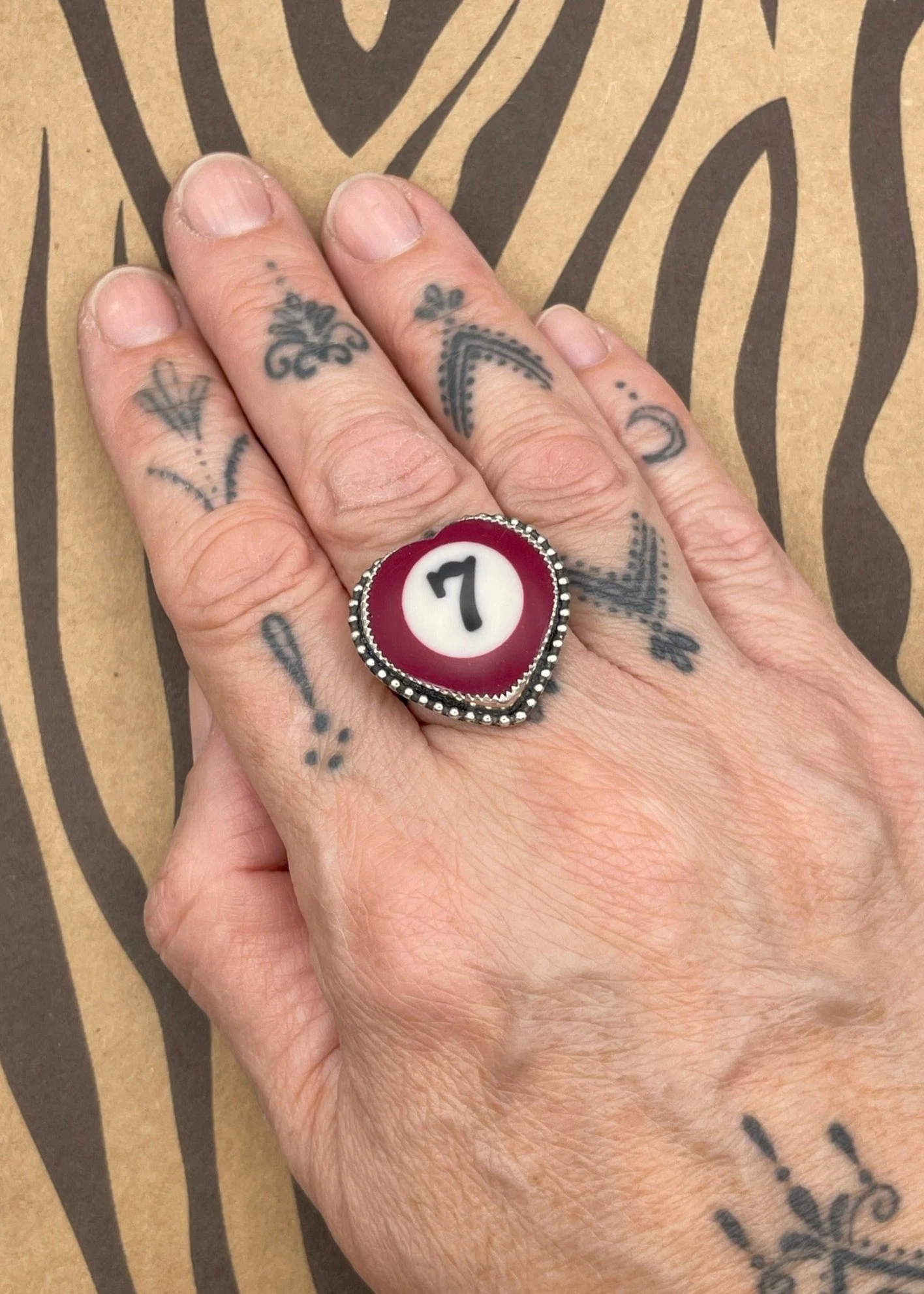 Bog-Art-Studio #7 Maroon Billiard Ball Sterling Silver Heart Adjustable Statement Ring 4 Bog-Art-Studio #7 Maroon Billiard Ball Sterling Silver Heart Adjustable Statement Ring - Image 2