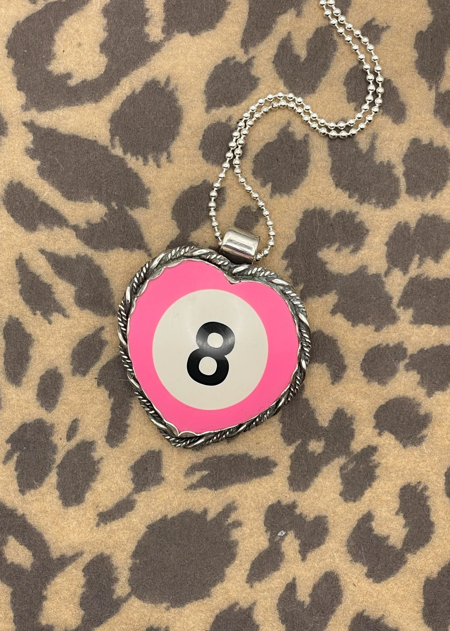Bog-Art-Studio Pink Heart Billiard 8-Ball Pendant - Sterling Silver Scalloped Bezel Necklace 3 Bog-Art-Studio Pink Heart Billiard 8-Ball Pendant - Sterling Silver Scalloped Bezel Necklace
