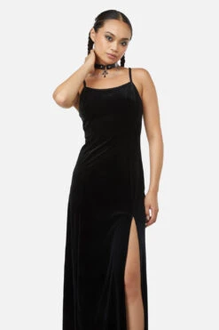 Obsidian Black Velvet Midi Dress – Fitted Bodycon Formal Gown with Side Slit -ModCloth BGFX125 001 2