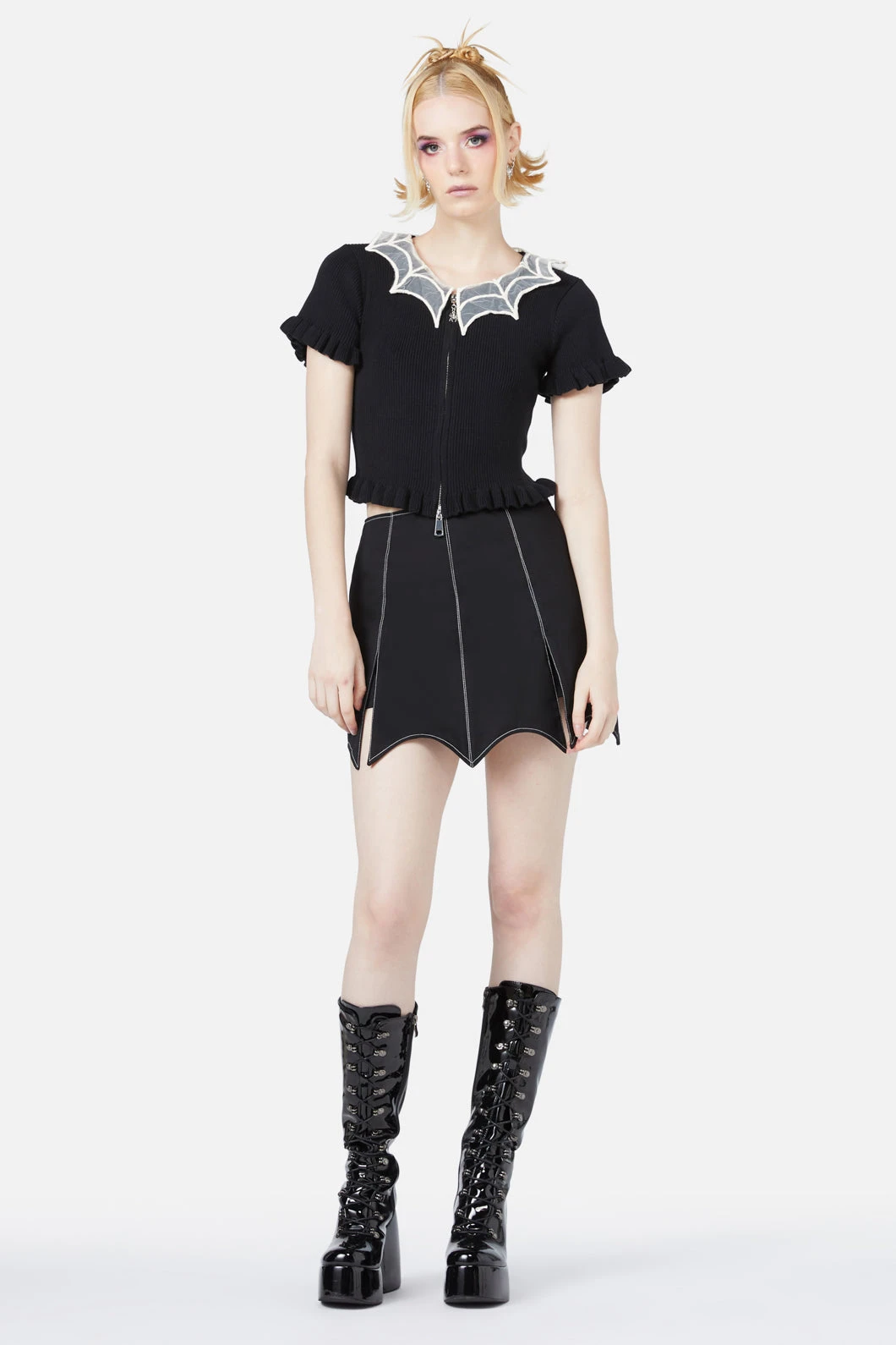 Black Friday Elm Black Cardigan – Removable Spiderweb Crochet Collar Zip-Up Top 4 Black Friday Elm Black Cardigan – Removable Spiderweb Crochet Collar Zip-Up Top - Image 2