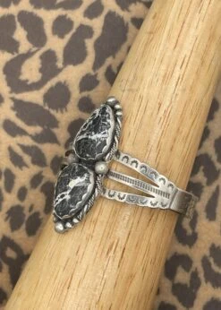 White Buffalo Turquoise Sterling Silver Cuff Bracelet – Handcrafted Triple Stamped Adjustable Band -ModCloth BUFF49CFF BLACKWHITE 2